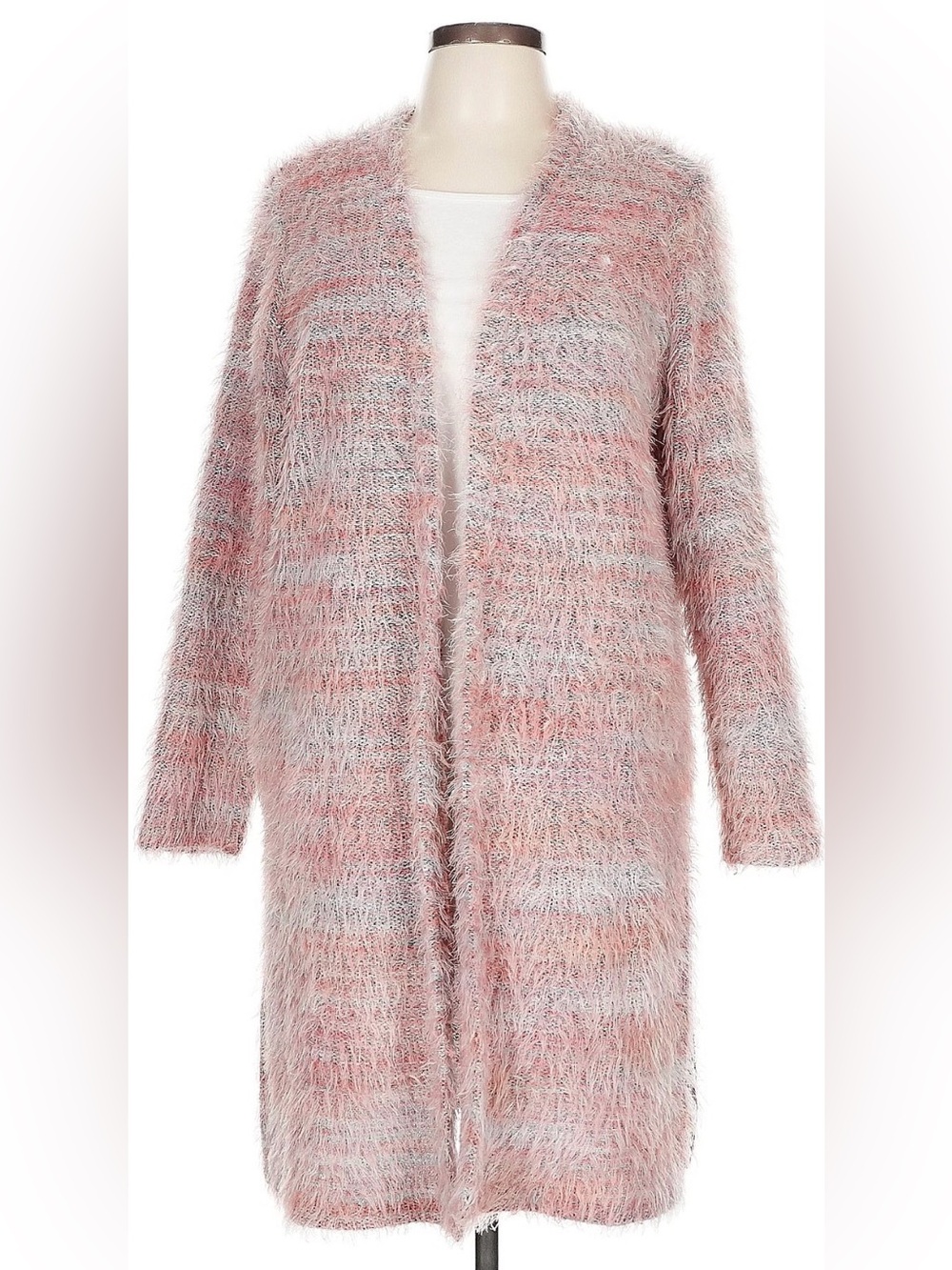 Candie’s Long Pink & Grey Fuzzy Open-Front Women's Sweater Cardigan